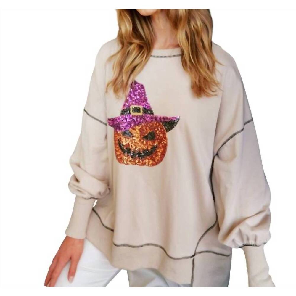 NEW FANTASTIC FAWN sequin halloween pumpkin patch knit sweatshirt in tan - Picture 2 of 7